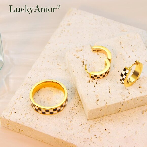 Checkered Jewelry Set Women 18K Gold Plated Stainless Steel Gift-Ready - Picture 5 of 7